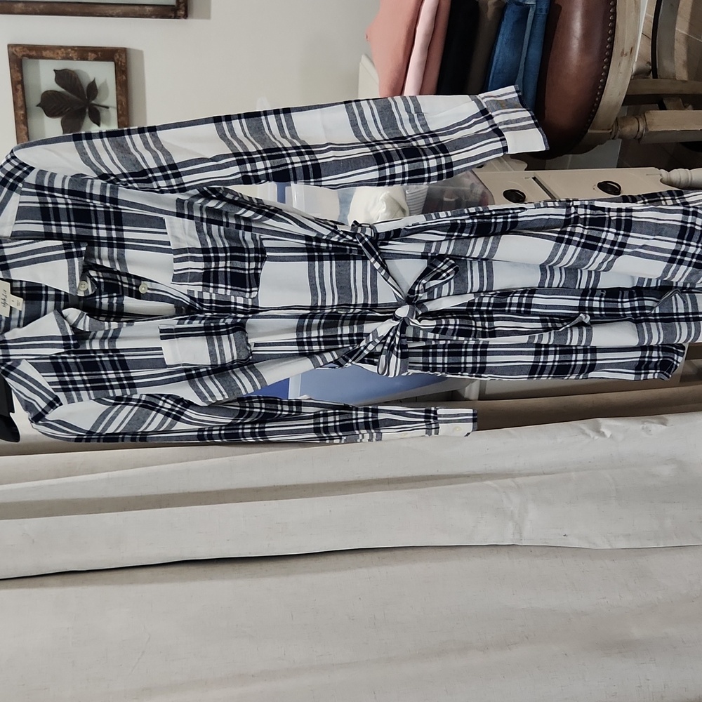 NWT sz sm belted dress chest and side pockets winter white/navy blue plaid